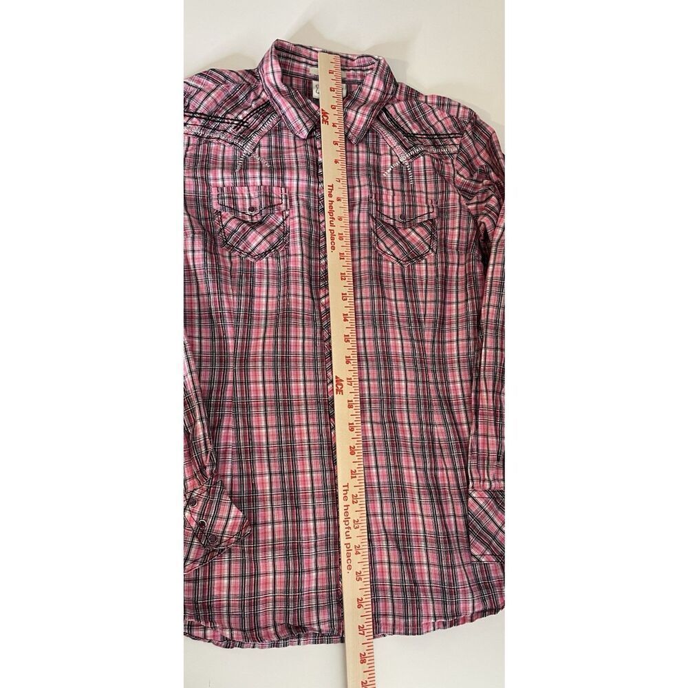 ARIAT Size M Pearl Snap Button Shirt Fitted Pink Plaid Embroidered Womens Silver - Picture 9 of 10